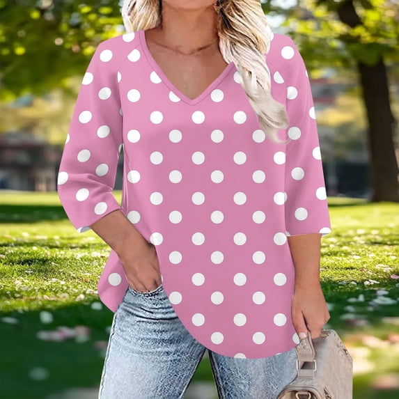 Zysthvn Tunic Casual Tops for Women Plus Size Summer Polka Dot 3/4 Sleeve Women Tshirts Loose Fit V-Neck Lightweight