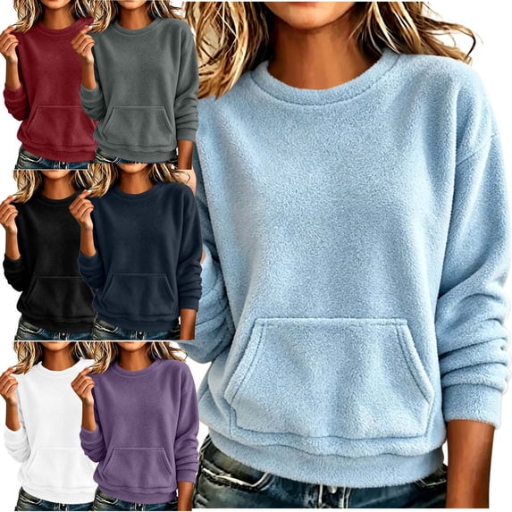 Zysthvn Warm Women Sweatshirt Winter Lightweight Pullover Casual Sweatshirts for Women Solid Long Sleeve Kangaroo Pocket Crewneck Tops