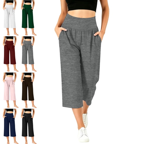 Zysthvn Wide Leg Capri Pants Women Casual Yoga Fall Workout Pants for Women with Pockets Skinny Stretch Cropped Solid Pants