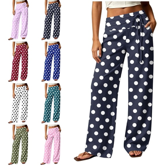 Zysthvn Wide Leg Long Pants for Women Tall High Waisted Casual Polka Dot Trousers Pants for Women Loose Elastic Waist Drawstring with Pockets Pants