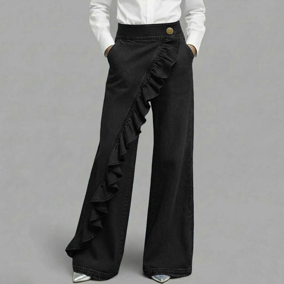 Zysthvn Wide Leg Womens Jeans Denim Mid Rise Casual Classic Trousers for Women Lounge Solid with Pockets Loose Button Pants