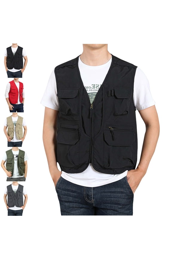 Winter Jackets for Men Lightweight Cargo Casual Outdoor Vest Jackets for Men Solid with Pockets V-Neck Half Zip Vests, Khaki M
