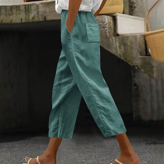 Zysthvn Women Capri Pants Straight Leg Casual Cropped Summer Womens Pants Loose Solid Drawstring with Pockets