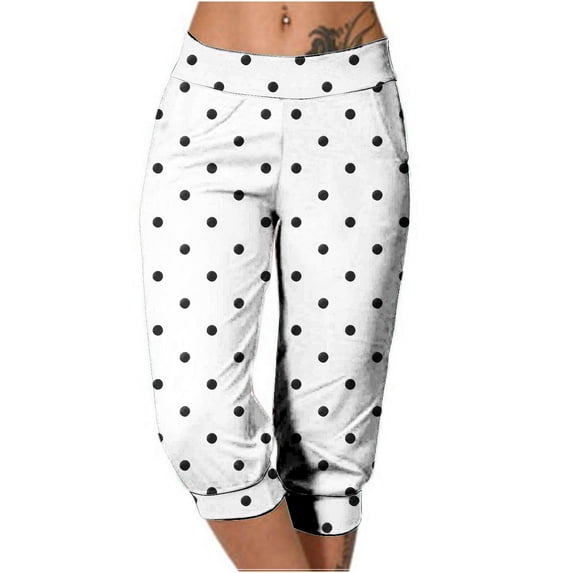Zysthvn Women Capri Polka Dot Casual Summer Joggers Cropped Pants for Women Lightweight Elastic Waist with Pockets Fitted
