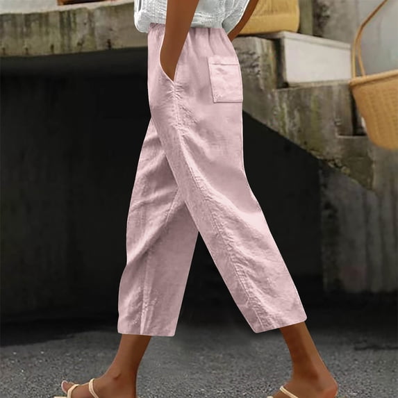 Zysthvn Women Capris Casual Summer Straight Leg Cropped Pants for Women Drawstring Solid Loose with Pockets
