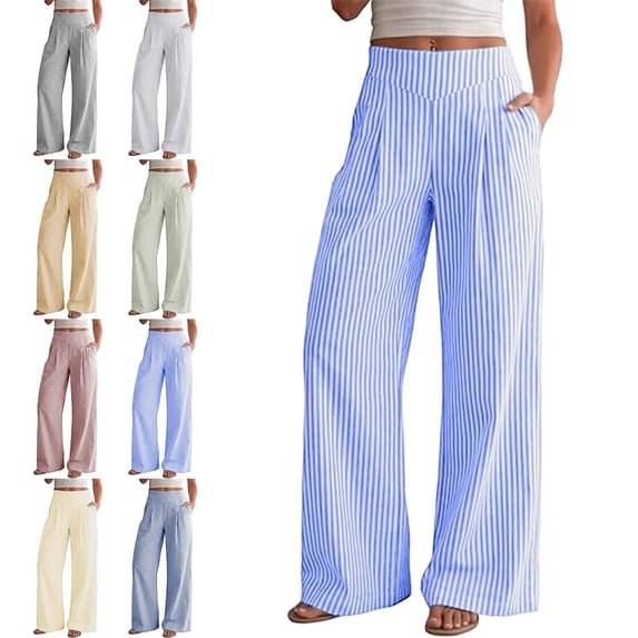 Zysthvn Women Wide Leg Pants Striped Fall High Waisted Business Pants for Women Palazzo Elastic Waisted with Pockets Flowy Trousers