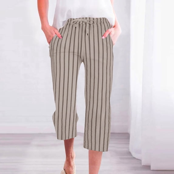 Zysthvn Women's Casual Pants & Capris Striped Plus Size Straight Leg Cropped Pants for Women Elastic Waist Loose with Pockets Drawstring