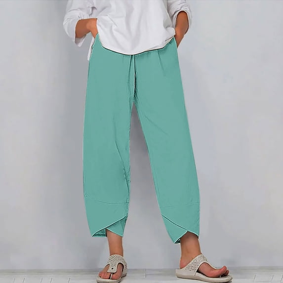 Zysthvn Womens Capris for Summer Wide Leg Casual Cropped Pants Womens Elastic Waist Pants Solid Loose with Pockets Lightweight