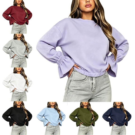 Zysthvn Womens Fall Sweatshirt Flared Casual Pullover Lightweight Sweatshirts for Women Solid Crewneck Loose Fit Long Sleeve Tops