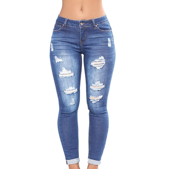 Zysthvn Womens Jeans Casual Mid Rise Skinny Trousers for Women Business Slim Fit Button Solid Ripped with Pockets Pants