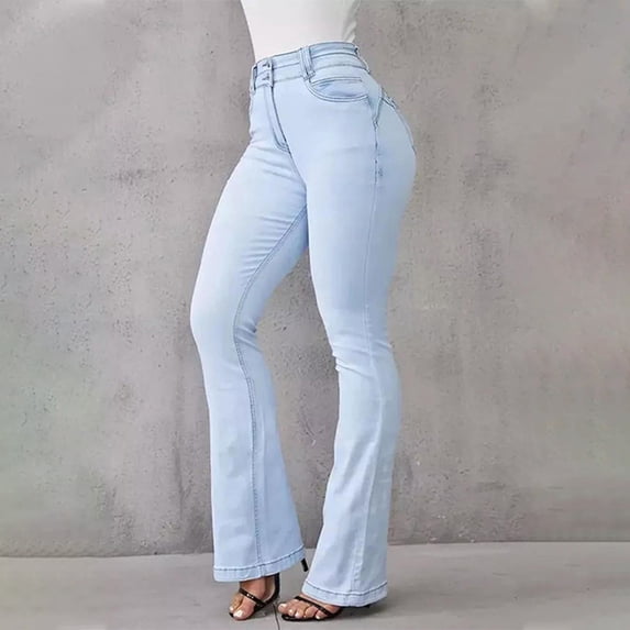 Zysthvn Womens Jeans Flared Casual Plus Size High Waisted Comfy Trousers for Women Lounge Loose Solid with Pockets Button Pants