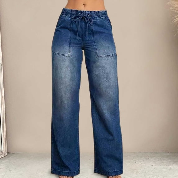 Zysthvn Womens Jeans Mid Rise Casual Cotton Blend Wide Leg Womens Trousers Loose with Pockets Solid Stretch Drawstring Pants