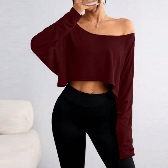 Zysthvn Womens Shirts Casual Cropped Fall Long Sleeve Off The Shoulder Womens Shirt Solid Loose Fit Comfortable Boat Neck Tops