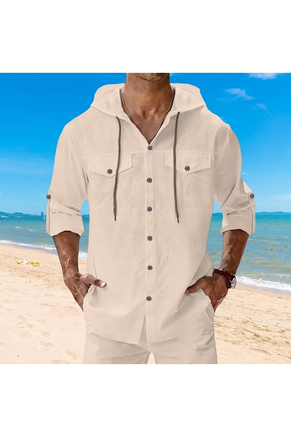 Workout Men Shirts Casual Cotton Linen Hooded Long Sleeve Man Tee Shirt Button Drawstring Lightweight Solid Tops