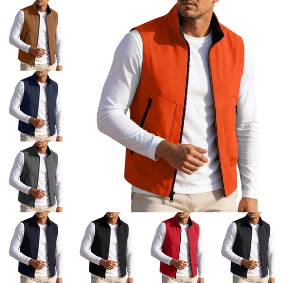 Zysthvn Workwear Jackets for Men for Winter Lightweight Plus Size Fall Athletic Vests for Men Solid Stand Collar Sleeveless with Pockets Jackets, Orange XXXXL