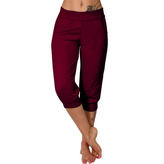 Zysthvn Yoga Women's Capri Pants Casual Workout Cropped Leggings Gym Pants for Women Elastic Waist High Waisted with Pockets Solid