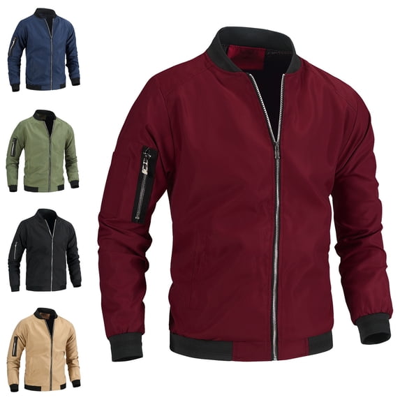 Zysthvn Zip up Jackets for Men Lightweight Bomber Athletic Winter Mens Coats with Pockets Workwear Solid Long Sleeve Stand Collar