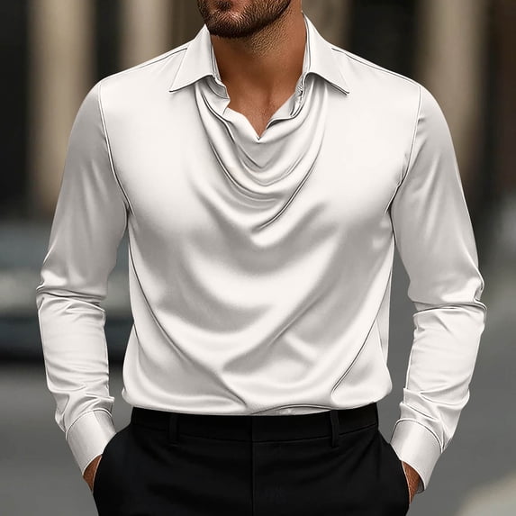Zysthvn formal Shirts for Men Summer Casual Long Sleeve Silky Satin Man Tee Shirt Vintage Solid Lapel Lightweight Tops