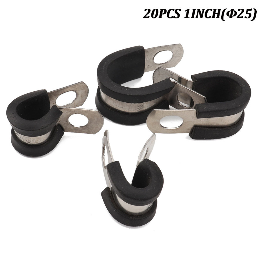 Bonsicoky 20Pcs 1/2 Inch Stainless Steel Cable Clamps, Rubber Cushioned Insulated Pipe Clamp R-type Metal Wire Clamp for Tube, Hose