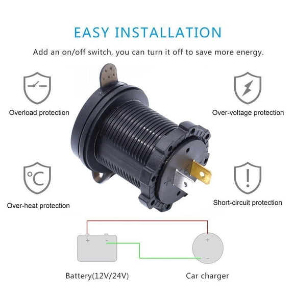 Zyutaosan Waterproof Dual Usb Charger Socket Waterproof Power Outlet 3.1A With Voltmeter & Wire In-Line 10A Fuse For 12-24V Car Boat Marine Motorcycle