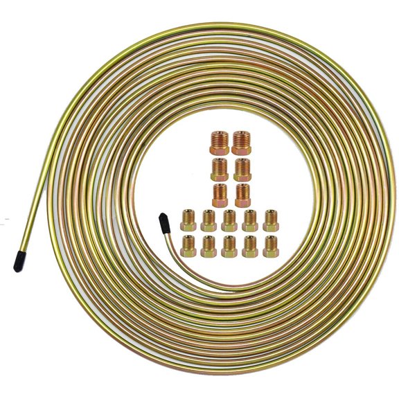 Zyutaosan Zinc Steel Brake Line Tubing Kit 3/16 Inches Od 25 Ft Coil Roll With 16Pcs Gold Fittings