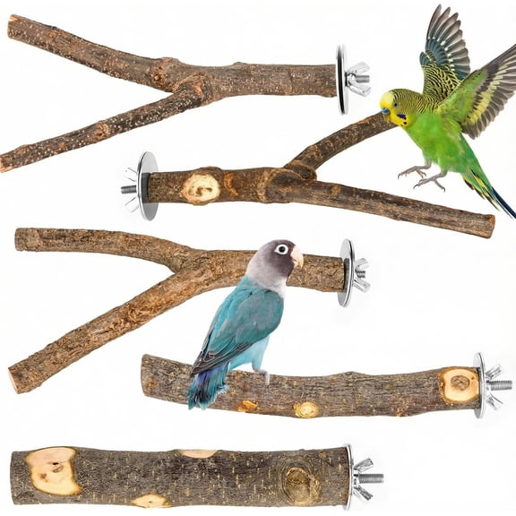 ZywShop 5PCS Natural Wood Bird Perch Set - Straight & Forked Branch Perches Cage Perches Accessories for Small Medium Birds, Parakeets, Budgies, Cockatiels, Conures