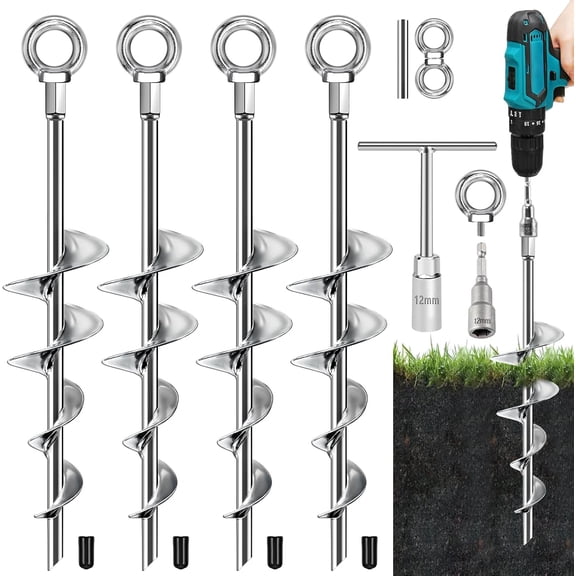 ZywShop Ground Anchors Screw in, 18 Inch Ground Anchors Heavy Duty Metal Earth Auger Anchors Trampoline Stakes Kit High Wind for Swing Set Shed Rv Canopy Gazebo Mobile Home Tree Playground Dog 4 Pack