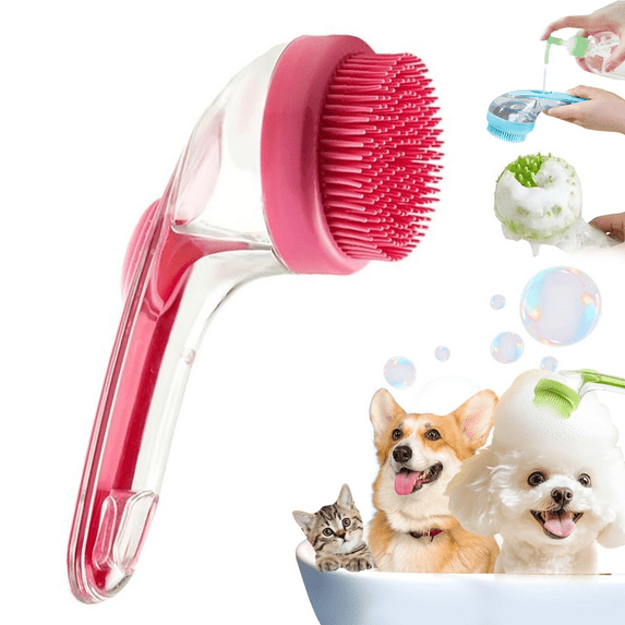 ZyyWoo Pet Bath Brush,2 in 1 Dog Bath Brush with Built-in Shampoo Dispenser, Dog Bath Massage Brush for Long Short Haired Dogs Cats Shower,Red