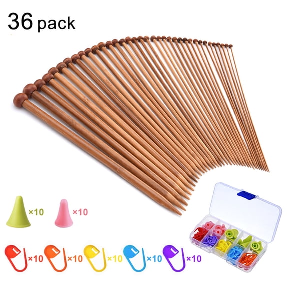 Zyyini 36PCS Bamboo Knitting Needles Set, Single Pointed Carbonized Knitting Needles, 18 Sizes from 2.0mm-10.0mm, 9 Inches Length for Handmade Creative
