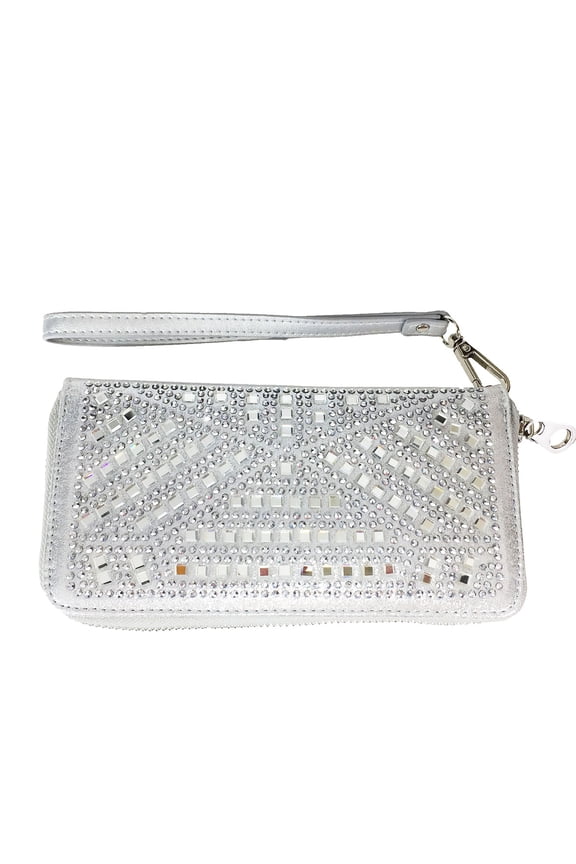 Gem Wallet Matching Rhinestone Wallet for Sparkle Purse Silver with Wristlet Strap