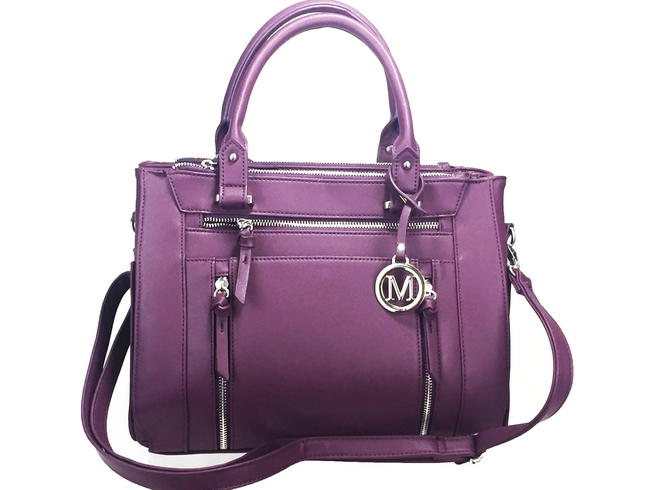 ZzFab Multi Zippers Fashion Locking Faux Leather Purse Tote Bag Purple