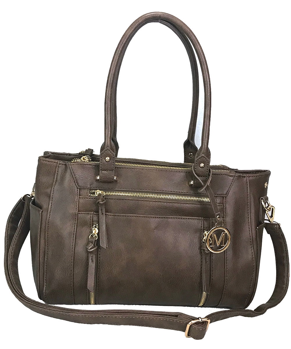 ZzFab Multi Zippers Fashion Locking Faux Leather Purse Tote Bag Coffee