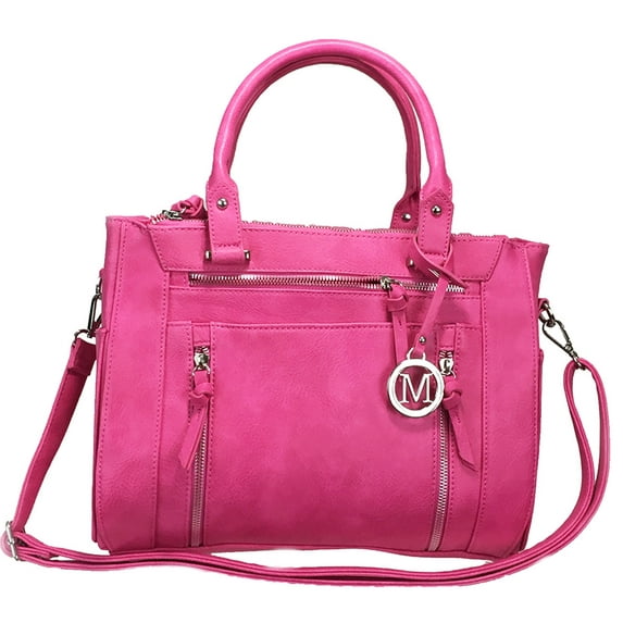 ZzFab Multi Zippers Fashion Locking Faux Leather Purse Tote Bag Hot Pink
