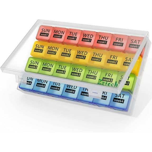 ZzTeck Monthly Pill Organizer for 4 Weeks  Portable, Travel Daily Medicine Container for Vitamins, Fish Oils, Supplements, Medication  1 Time a Day, XL Compartments (Rainbow)