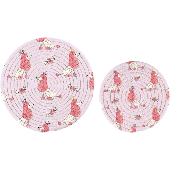 ZzWwR Cute Princess Dogs Poodles with Crown 2 Pcs Round Woven Pot Holders Trivets Set, Cotton Coasters Placemats for Cooking Baking Hot Dish Pan Pot Bowl Teapot(7&9 Inches Diameter)