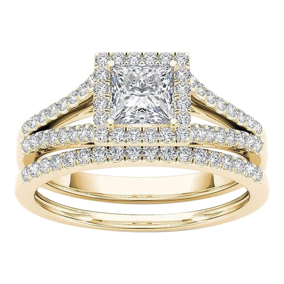 Zzbeans 2-in- Detachable Diamond Ring Set, Shiny Engagement Wedding Rings Inlaid Zircon, Elegant Stackable Ring for Women Daily Wear Anniversary Party Gift, Gold