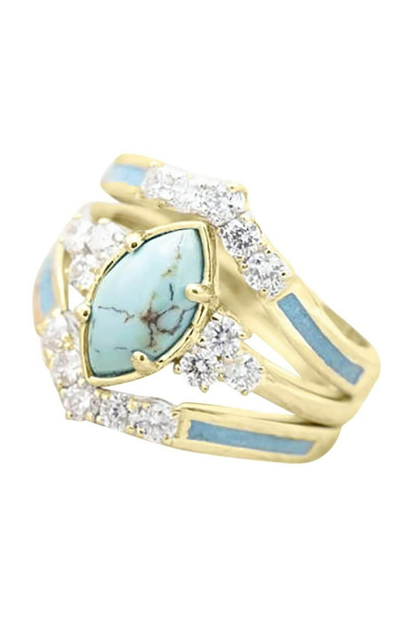 3PCS Natural Turquoise Diamond Rings Set, Fashion Statement Jewelry for Women, Mother's Day Birthday Gift for Wife Daughter Girlfriend, Anniversary Valentine Cocktail Engagement Ring, Gold