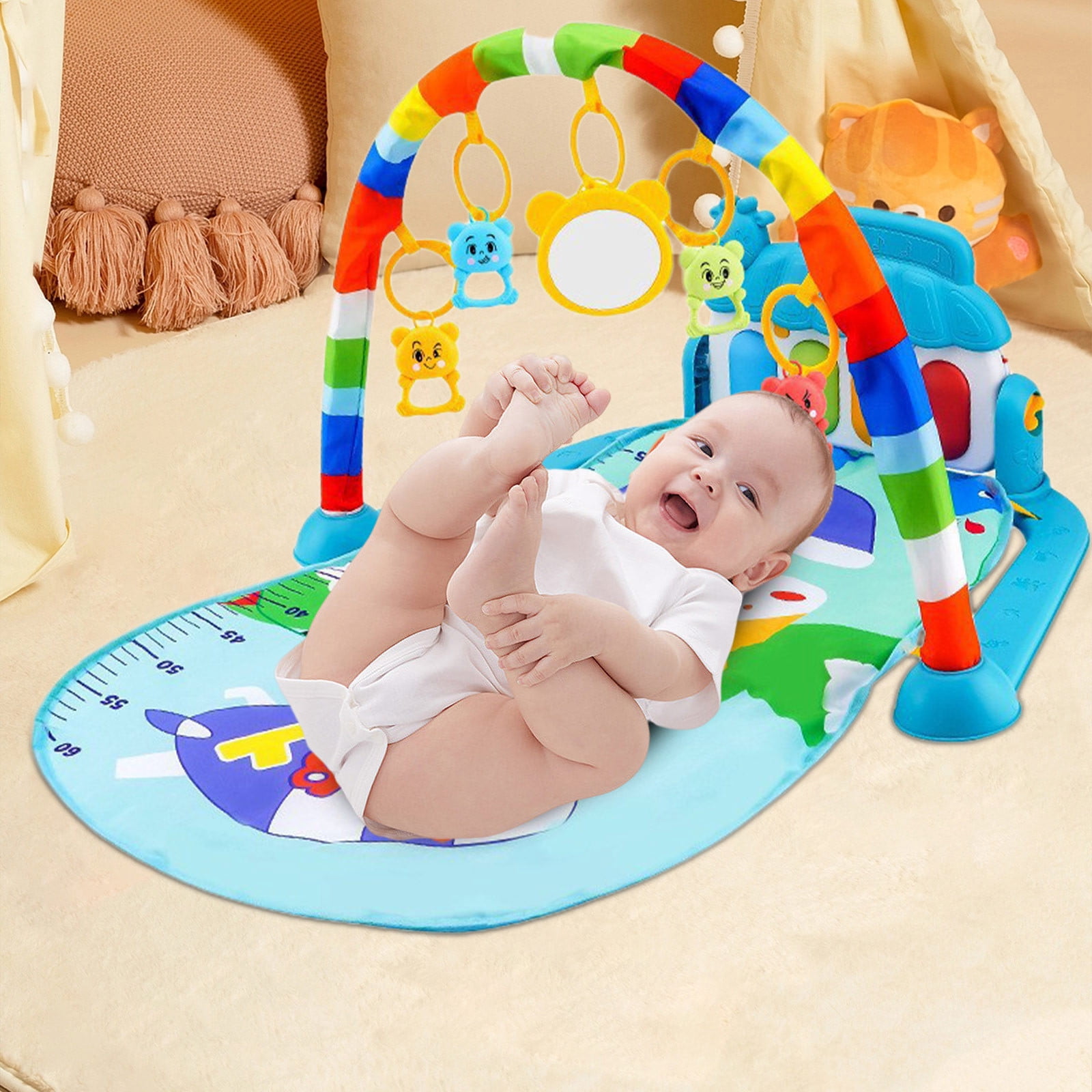 Zzbeans Baby Play Mat Piano Activity Gym, Removable Linkable Toys & Soft Comfortable Mat, 4 Ways to Play Lying Sitting Floor Outside for Newborns Infants Toddlers