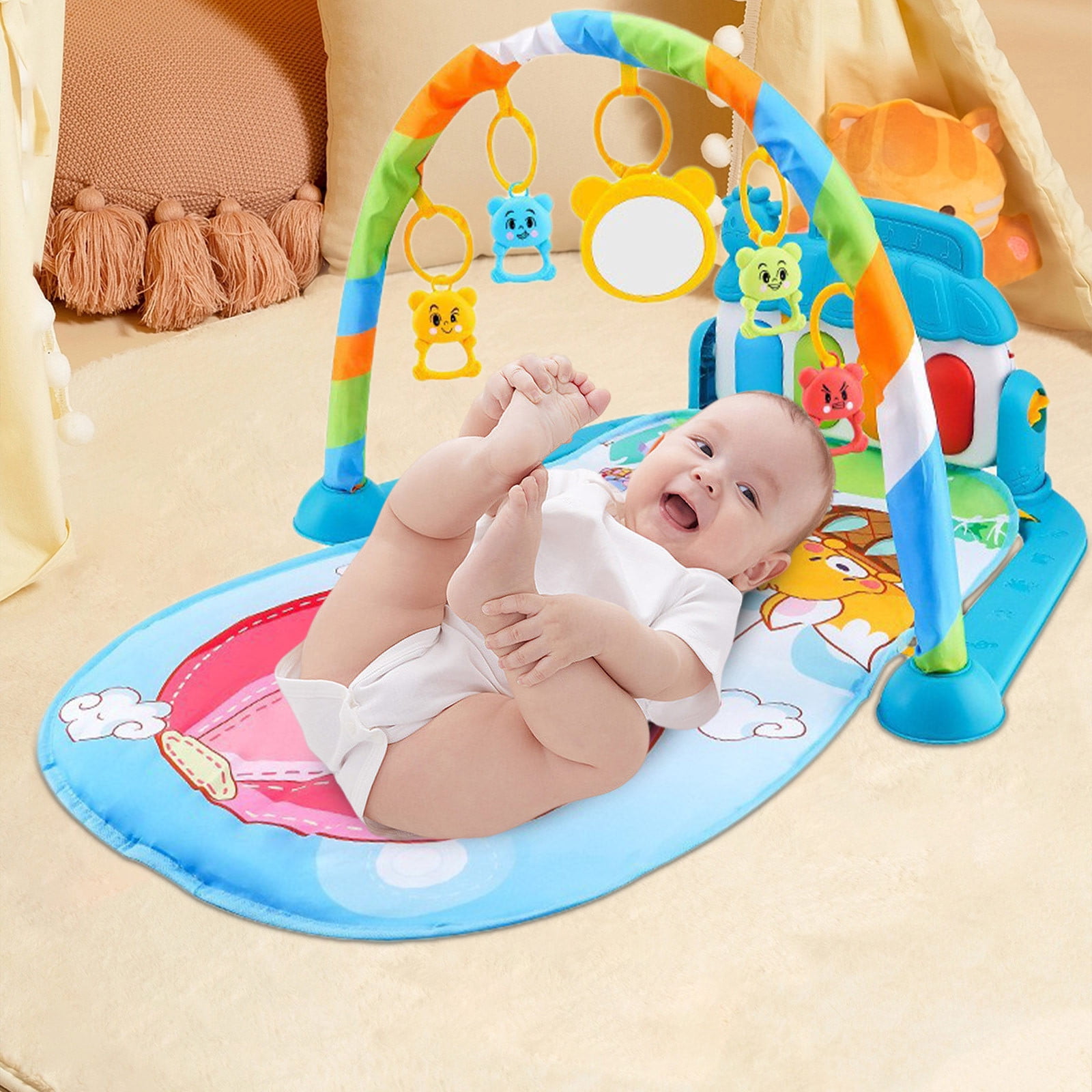 Zzbeans Baby Play Mat Piano Activity Gym, Removable Linkable Toys & Soft Comfortable Mat, 4 Ways to Play Lying Sitting Floor Outside for Newborns Infants Toddlers