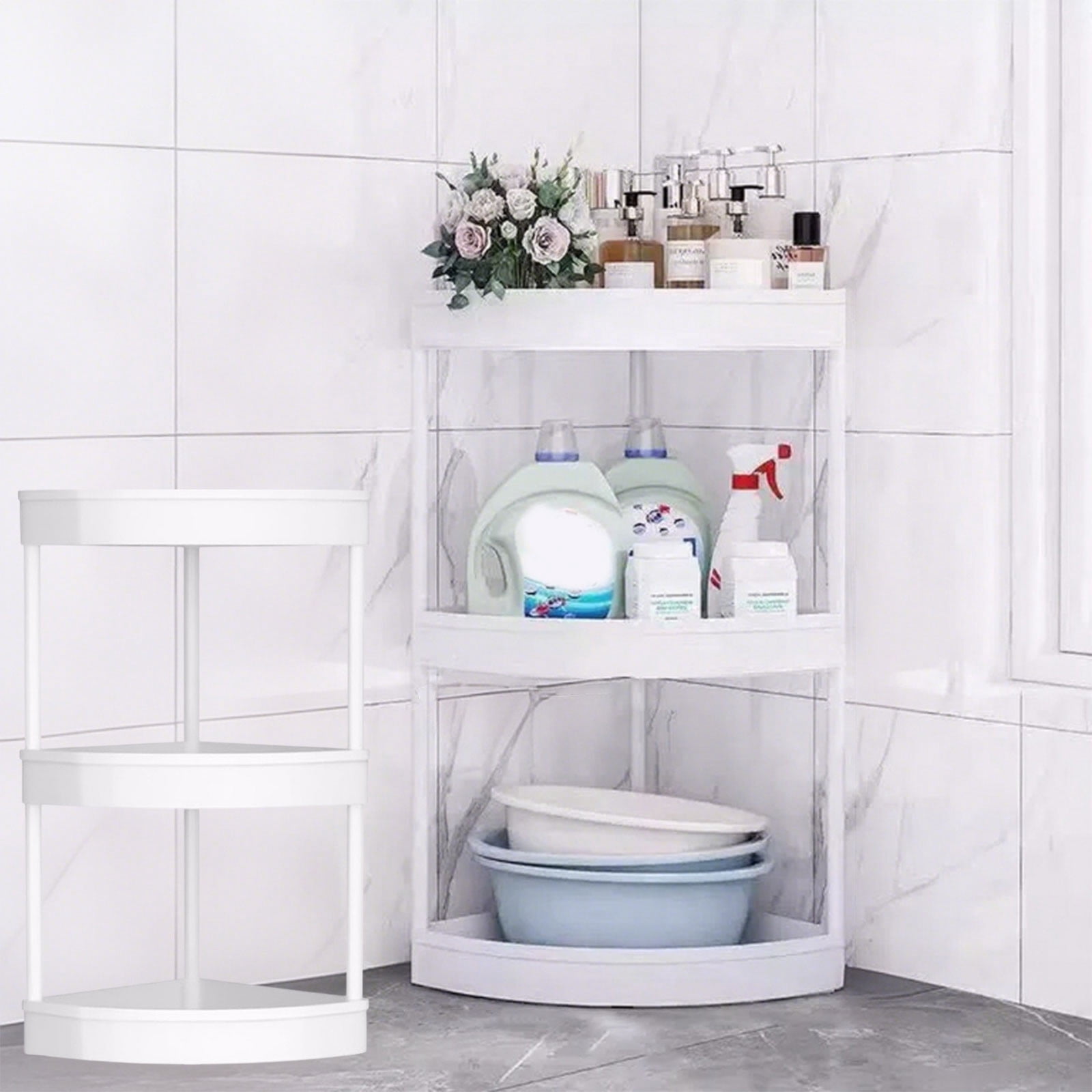 Zzbeans Bathroom Corner Storage Shelf, Removable Roller Floor Standing Toilet Organizer, Hollow-Out Drainage Tripod Shelves for Kitchen Crevice Glass Door Wall, White