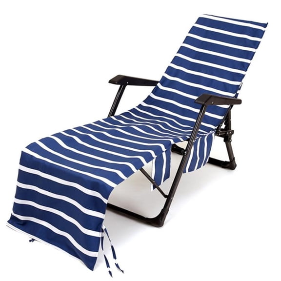 Zzbeans Beach Chair Towel Cover, Recliner Towel with Side Pockets and Elastic Bands, Printed Striped Beach Towel for Pool Lounge Chair Sunbathing Bathing, Navy