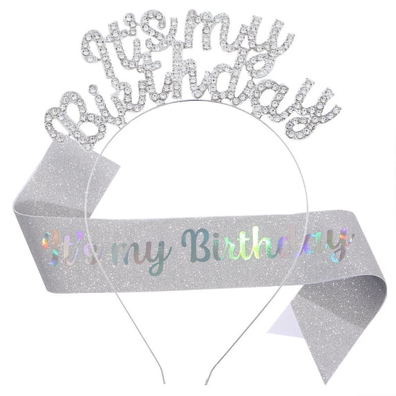 Zzbeans Birthday Girl Headband and Sash Set, IT'S MY BIRTHDAY Tiara Rhinestone Hair Accessories, Birthday Party Decorations Supplies for Women Girls Adults