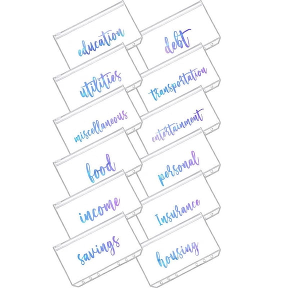 Zzbeans Clear PVC Zipper Bags, Waterproof Document Envelopes for Cash Bills Receipts, 12-Pack Storage Organizer Pockets for Budget Planner Binder Home Office