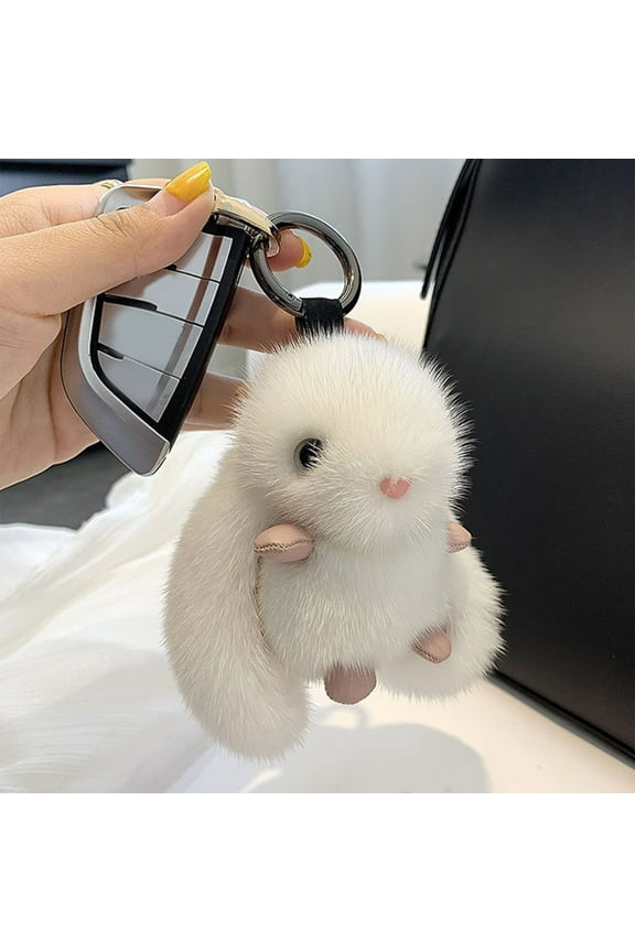 Cute Bunny Keychain, Simulation Mink Big Ears Car Keychain Pendant, Rabbit Keychain for Keys Backpack Gift Birthday Bag Pendant, White