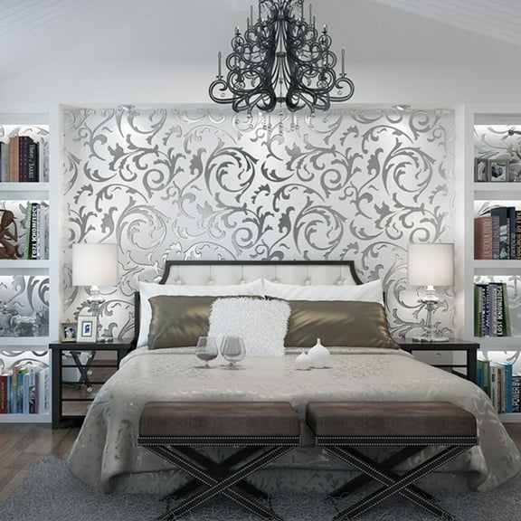 Zzbeans Damask Embossed Wallpaper Roll, Non-Woven Wallpaper for Living Room Bedroom, 10M x 53CM Italian Embossed Art Decor for TV Background KidsRoom, Silver