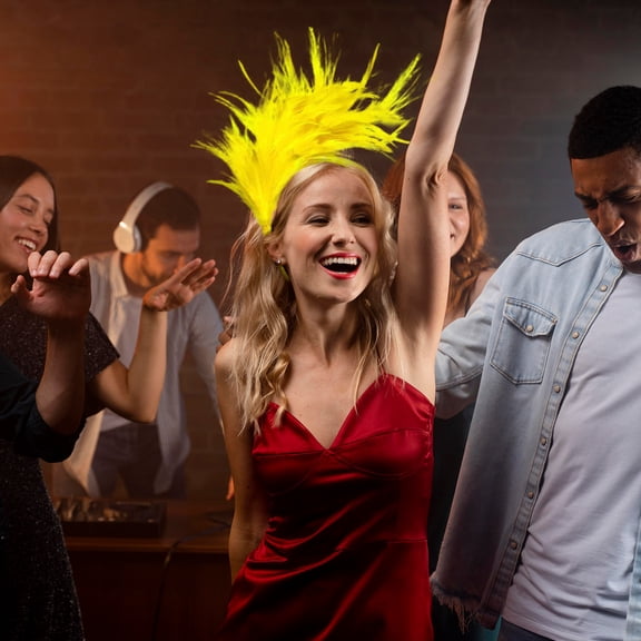 Zzbeans Elastic Retro Feather Headband, Carnival Hairpiece Fascinator for Women, Colorful Adjustable Headbands for Cocktail Party Wedding Photography Holiday Events, Yellow