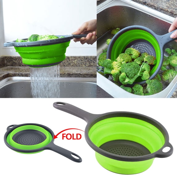 Zzbeans Foldable Over The Sink Colander Basket, Large Capacity 6 Quart Vegetable Fruit Strainer, Dishwasher Safe BPA Free Kitchen Washing Tool for Draining Pasta Salad, Green