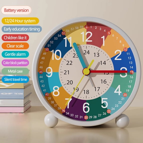 Zzbeans KidsAlarm Clock, Silent Analogue with Night Light, Children's Educational Clock for Bedroom, No Ticking Quartz Alarm Clock for Boys and Girls, White