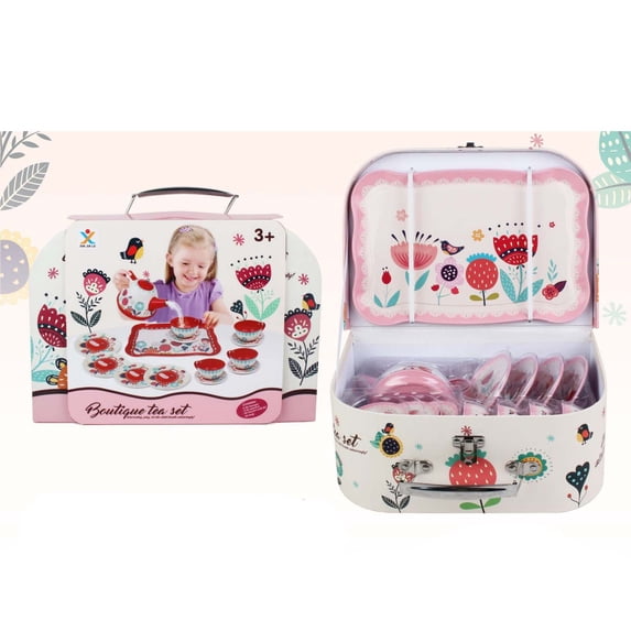 Zzbeans KidsTea Party Set, Toy with Tin Teapot & Cups, Children's Home Simulation Tea Playset for Role Play, Portable Gift Box Set with Fruit Design