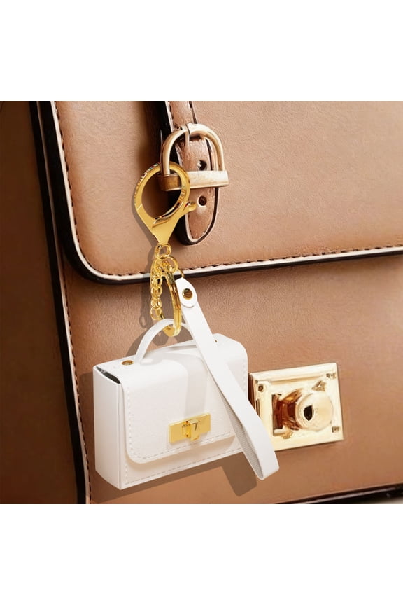 Leather Keychain Pouch, Mini Bag Pendant Key Chain Strap, Multi-Purpose Small Purse for Keys Earphones Lipstick Travel Accessories, White